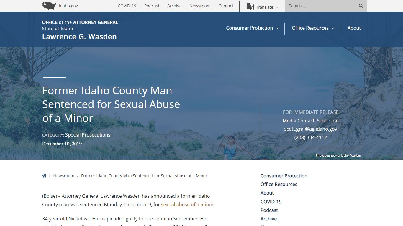 Former Idaho County Man Sentenced for Sexual Abuse of a Minor